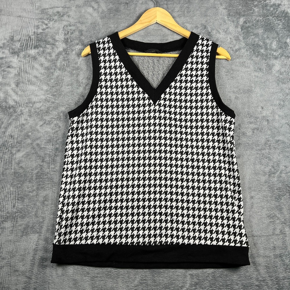 Love & Other Things Sweater Vest Womens 10 Black White Houndstooth Ribbed Trim